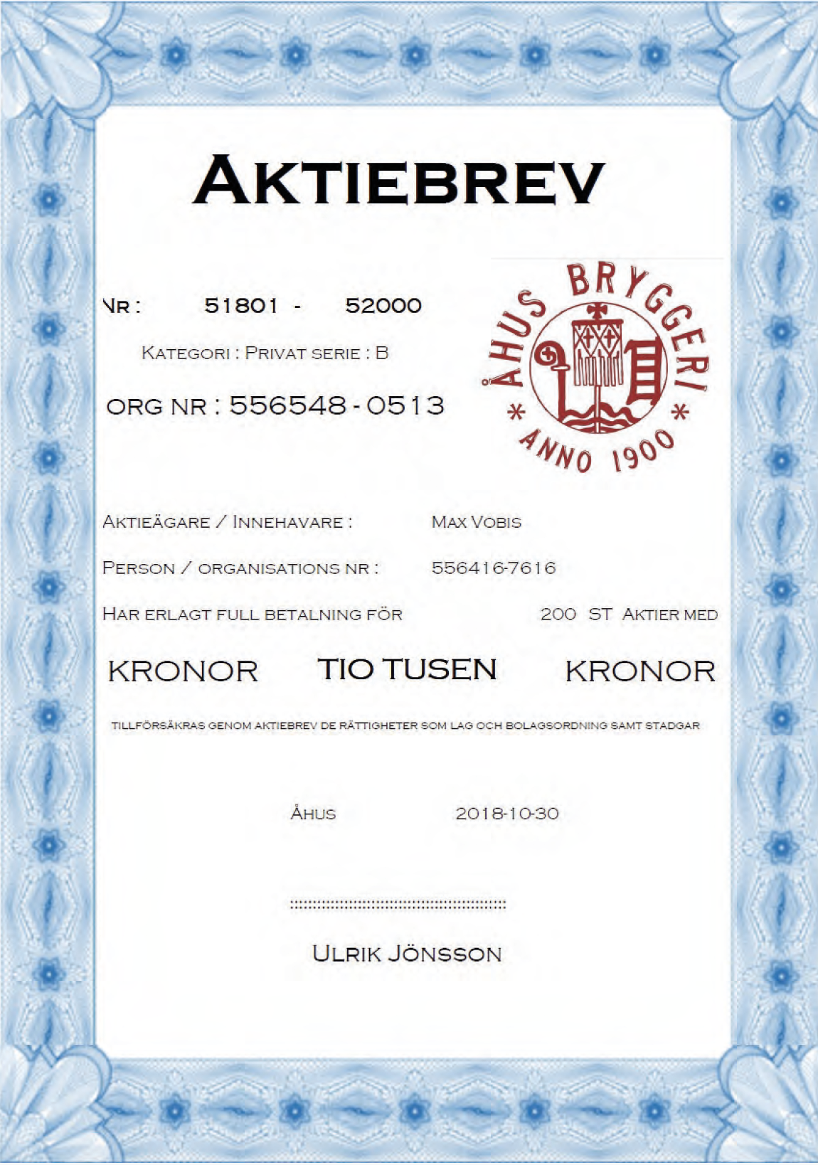 Aktiebrev Åhus Bryggeri